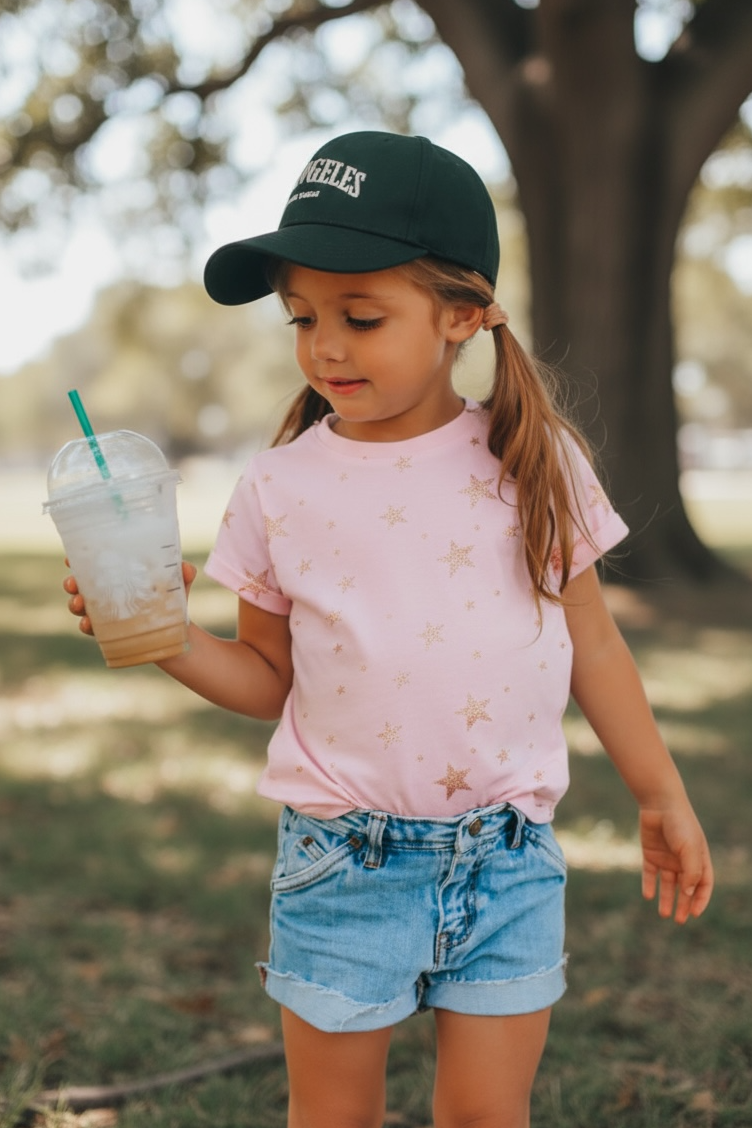 Child in a park wearing a pink shirt, denim shorts, and a black cap holding a Starbucks drink.