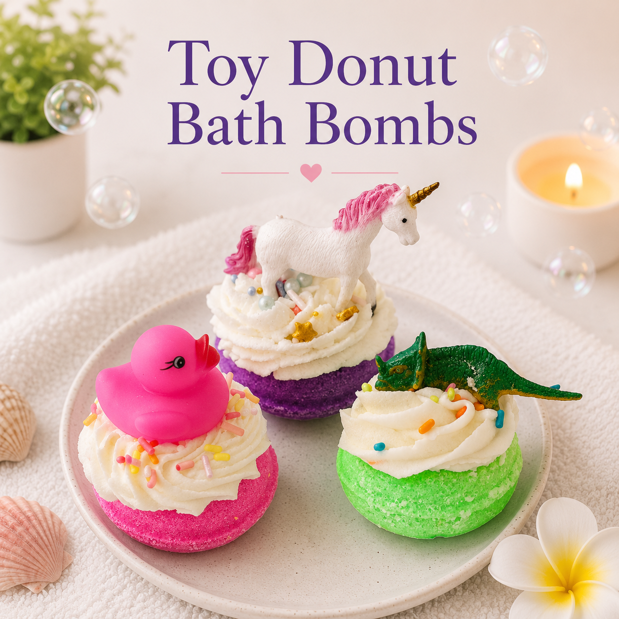 bath bombs with toys on top of them 