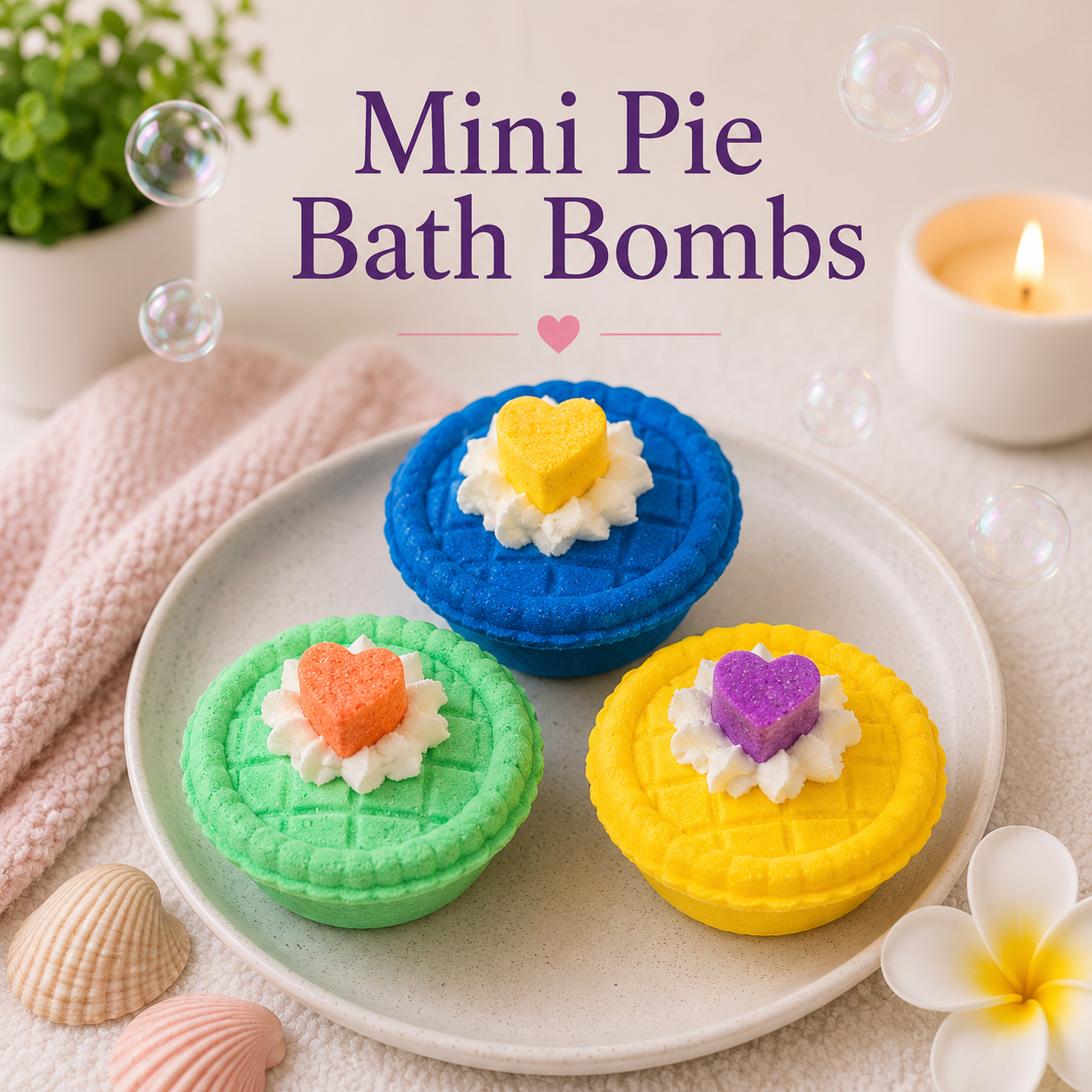 mini pie bath bombs on a cake stand