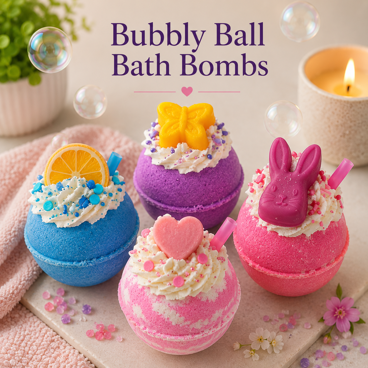 bubbly ball bath bombs on a decorated mat