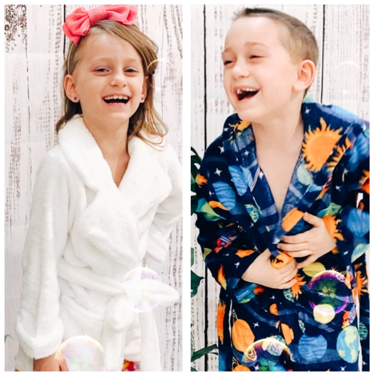 kids in robes laughing aqainst a faux white panel wall