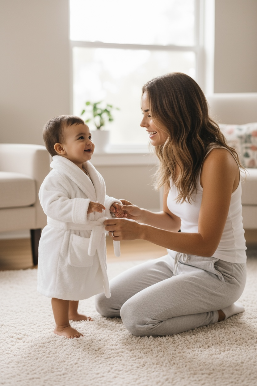kids in robes laughing aqainst a faux white panel wall