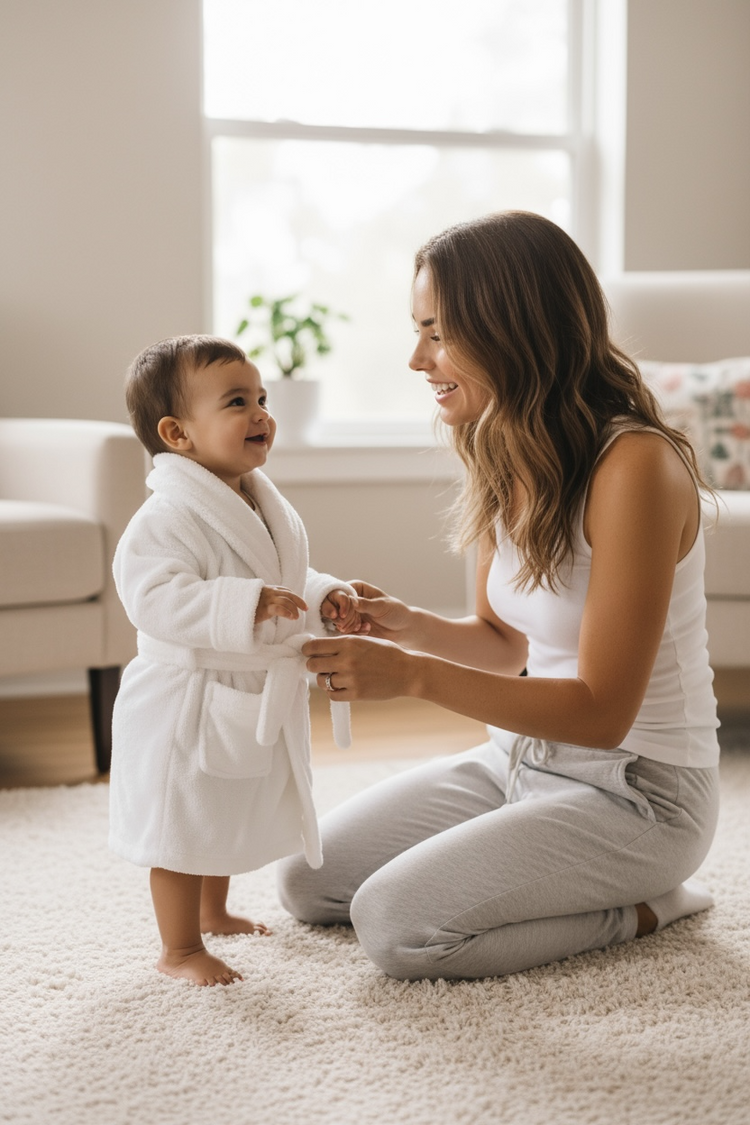 kids in robes laughing aqainst a faux white panel wall