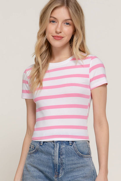 Short Sleeve Pink Stripe Crop Top