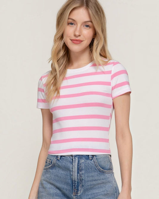 Short Sleeve Pink Stripe Crop Top