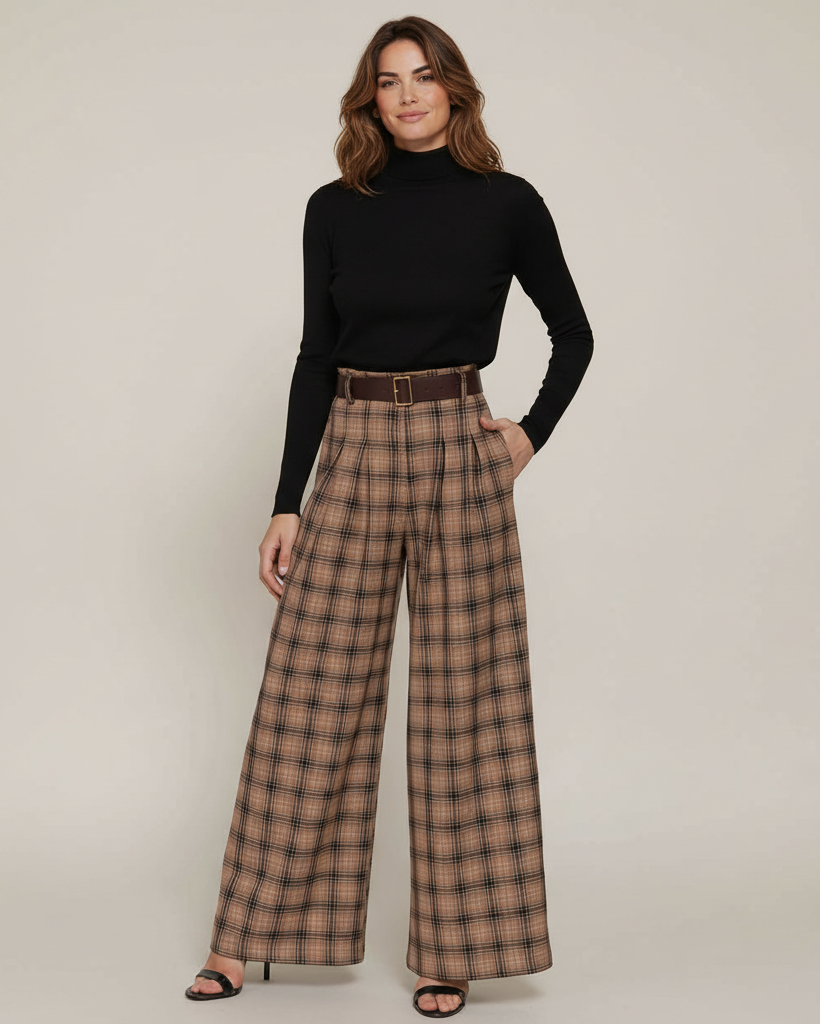 A woman modeling high-waisted, wide-leg plaid trousers in brown and beige with a thin brown belt, paired with a black turtleneck and black sandals, against a neutral studio background.