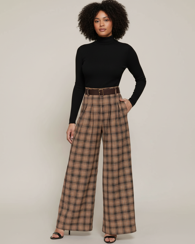 A model with curly black hair stands against a light beige studio background wearing a black long-sleeve mock-neck top and high-waisted brown plaid wide-leg trousers with a matching brown belt.