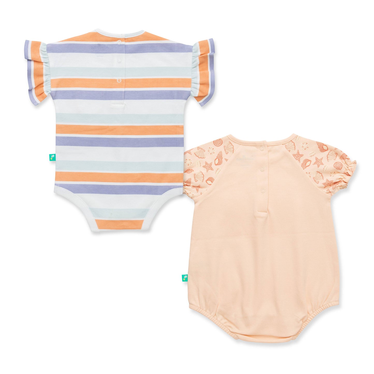 Two baby rompers, one striped and one with floral sleeves, on a white background.