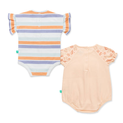 Two baby rompers, one striped and one with floral sleeves, on a white background.
