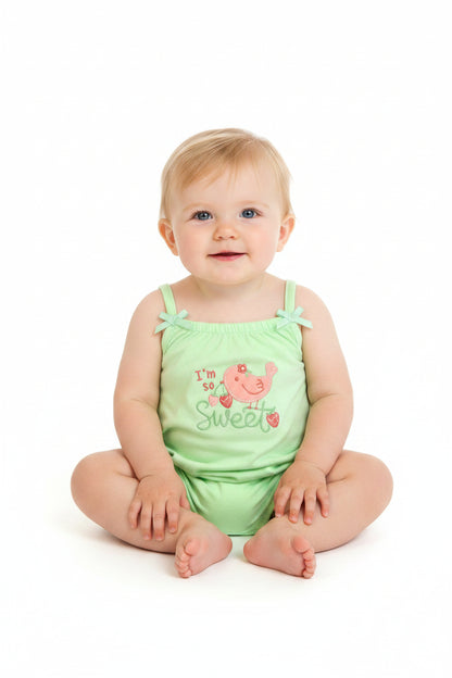 Light green baby romper with 'I'm so sweet' text and bird design on a white background