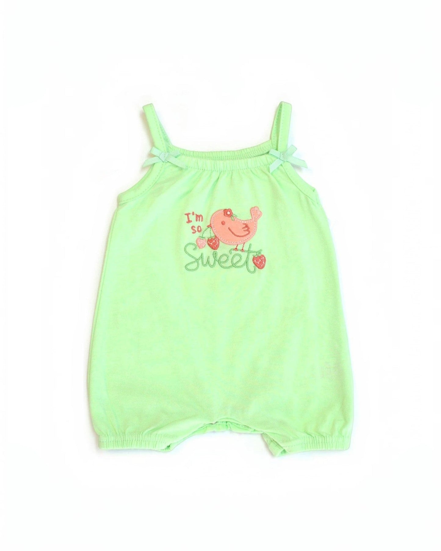 Light green baby romper with 'I'm so sweet' text and bird design on a white background