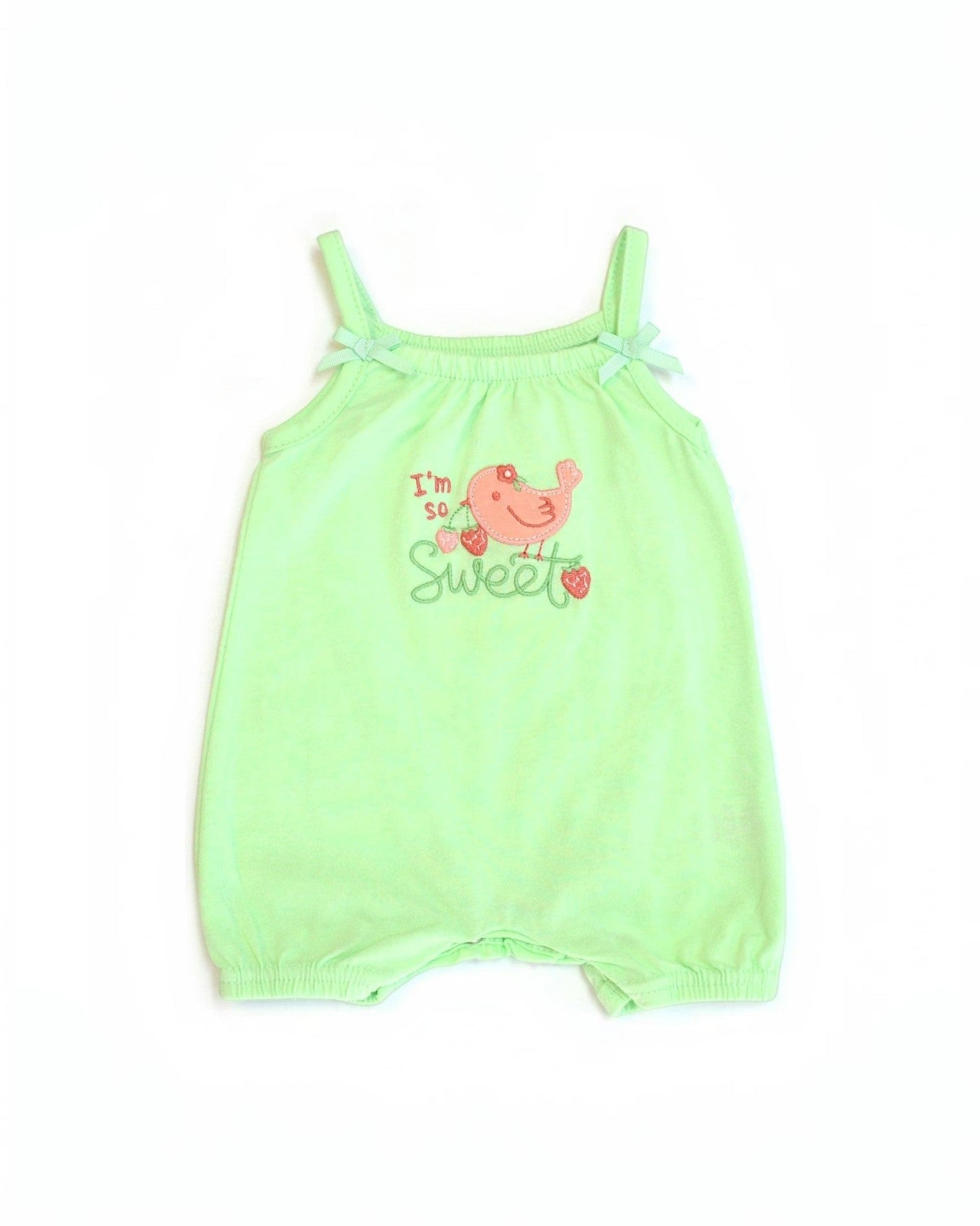 Light green baby romper with 'I'm so sweet' text and bird design on a white background