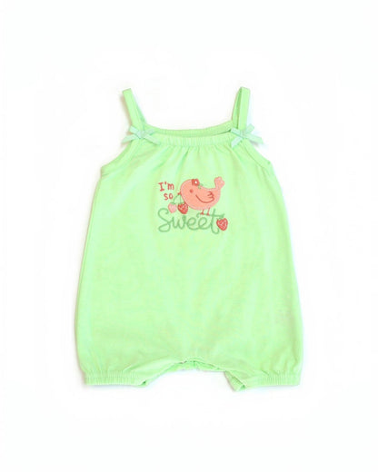 Light green baby romper with 'I'm so sweet' text and bird design on a white background