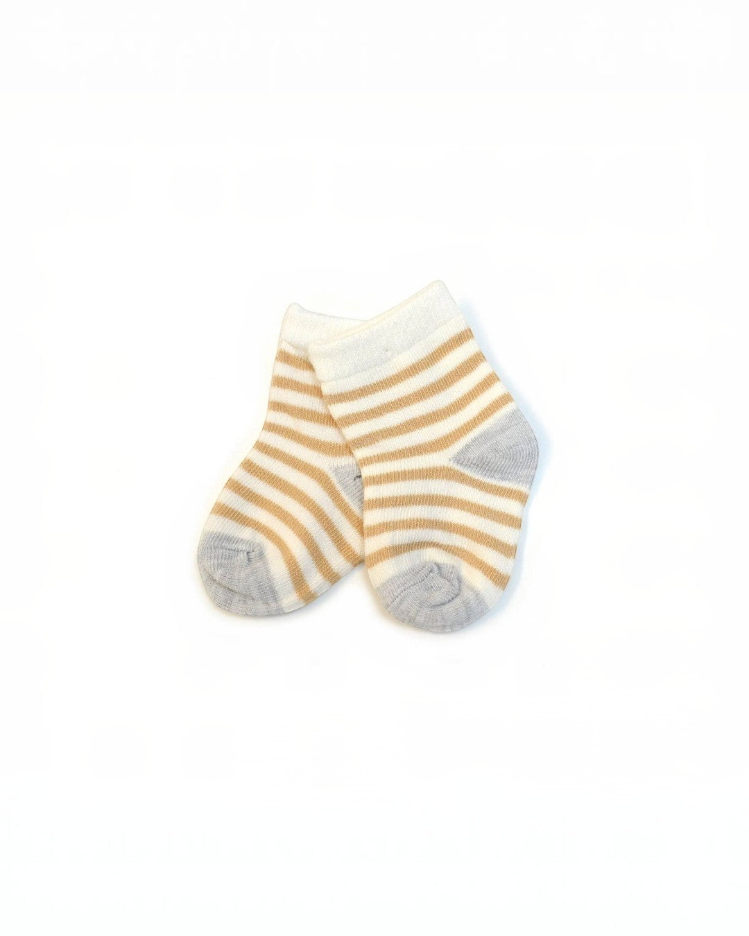 Pair of striped socks with yellow and gray pattern on a white background