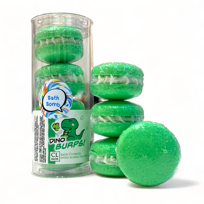 A stack and tube of green dino burps bath cookies against a white background