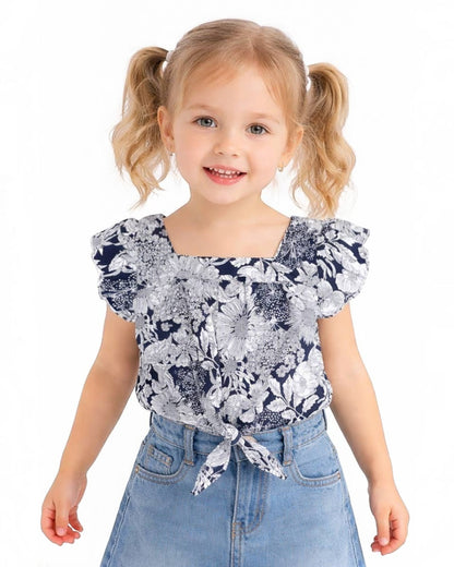 Girl's Fashion Top w/ Ruffle Sleeve & Tie-Front - Black