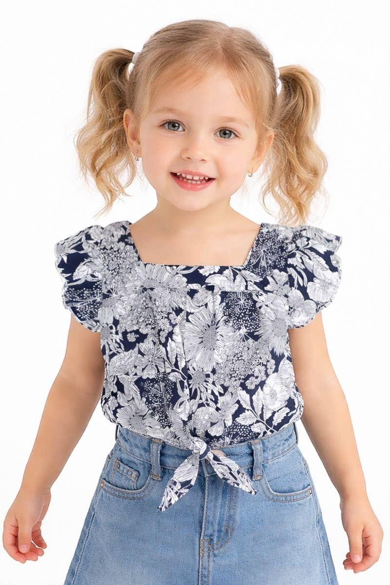 Girl's Fashion Top w/ Ruffle Sleeve & Tie-Front - Black