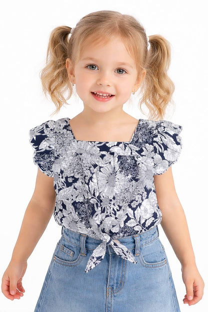 Girl's Fashion Top w/ Ruffle Sleeve & Tie-Front - Black