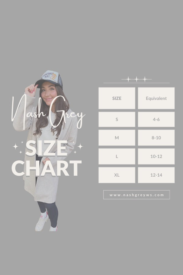 Nash Grey size chart with a model and measurement guide on a gray background