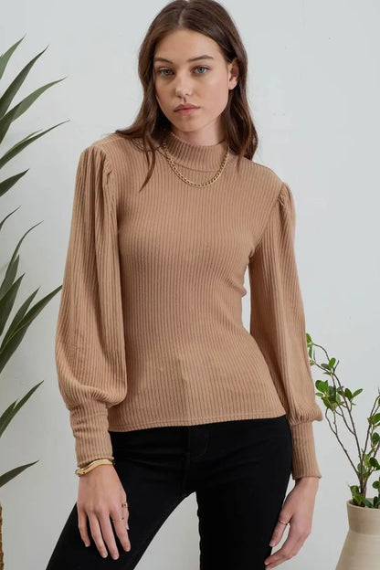 Khaki Mock Neck Ribbed Top