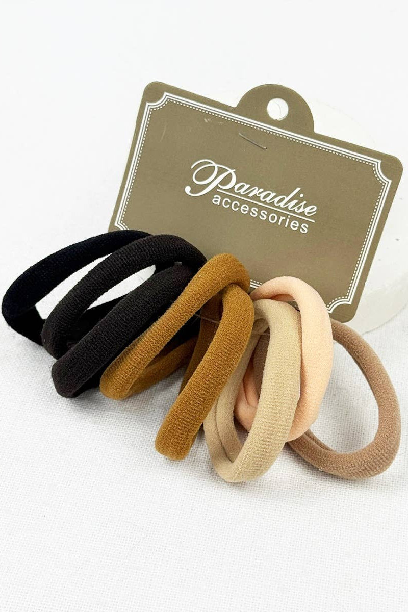 Set of five hair ties in black, brown, beige, and pink on a Paradise Accessories card.