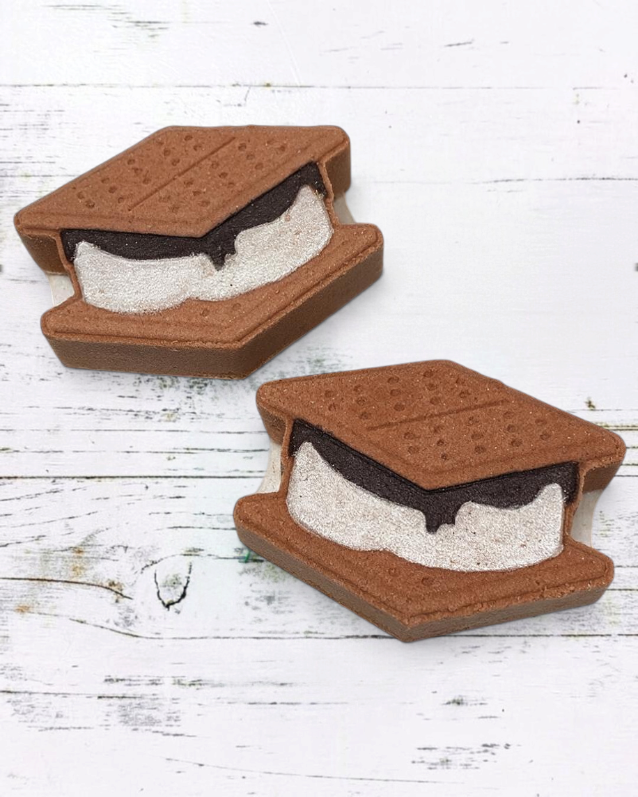 Calla Lily Cosmetics + CL kids S'more bath bomb shaped like a graham cracker sandwich with cocoa butter and coconut oil