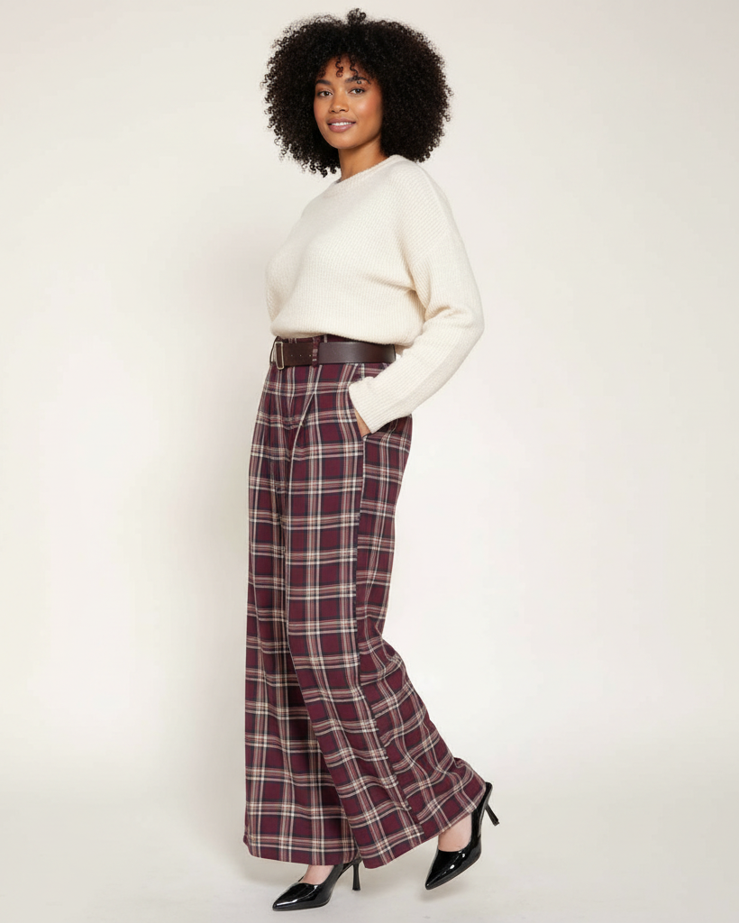 A woman modeling a pair of wide-leg plaid trousers in burgundy, beige, and white, paired with a dark brown belt, a cream knit sweater, and black pointed-toe heels against a plain off-white studio background.