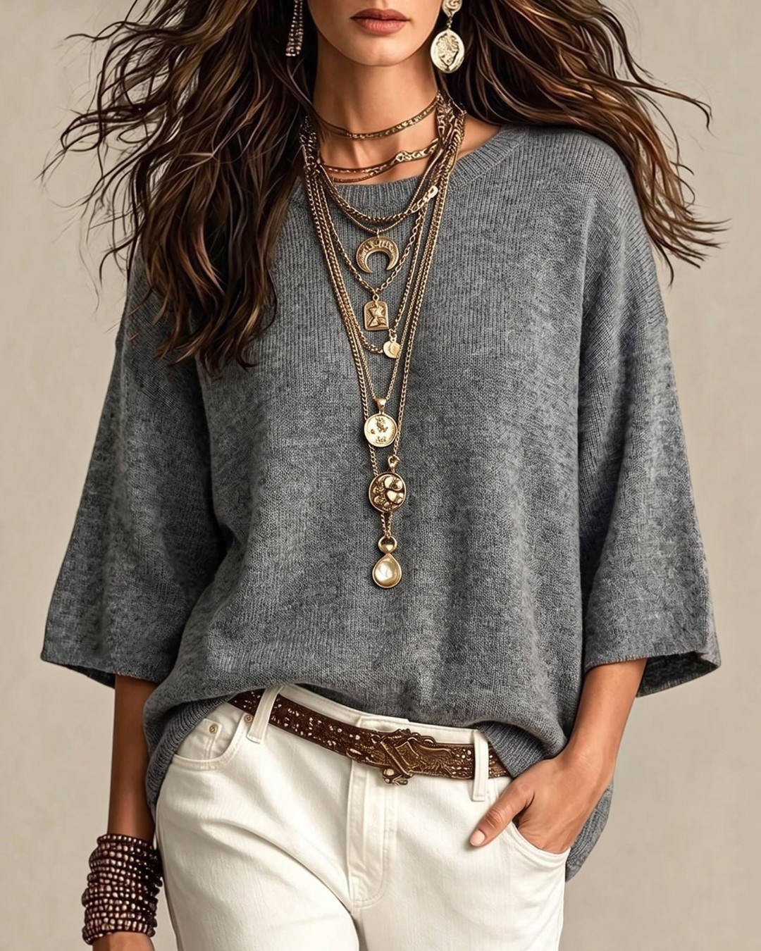 Calla Lily Cosmetics + CL kids grey 3/4 sleeve knit sweater worn with layered gold necklaces and white trousers