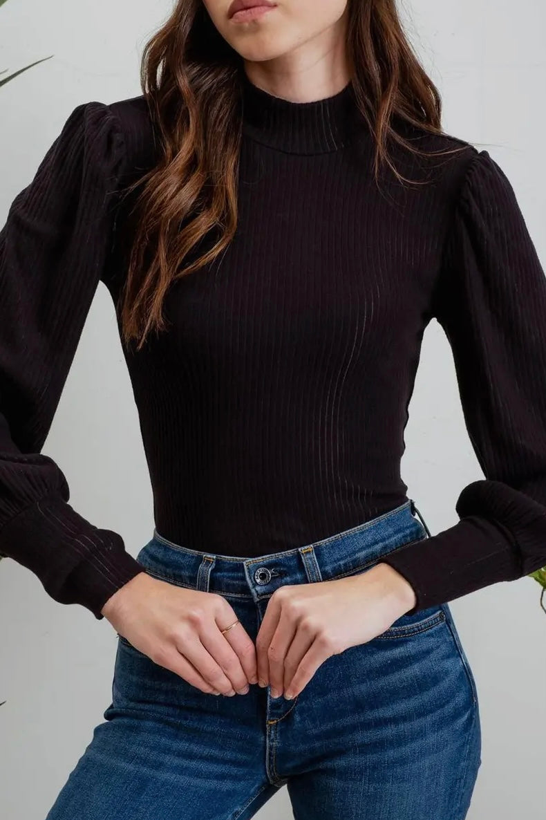 Black Mock Neck Ribbed Top