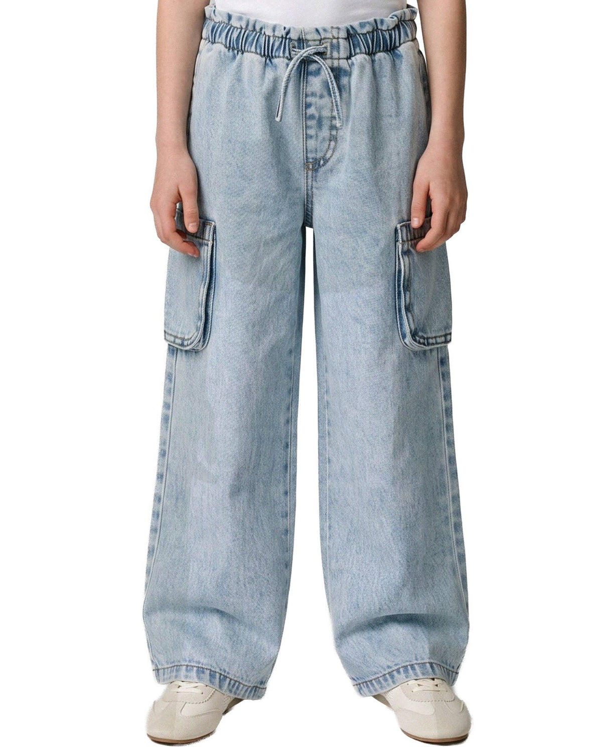 Light wash wide-leg denim cargo pants with an elastic drawstring waist, modeled on a person against a plain white background.