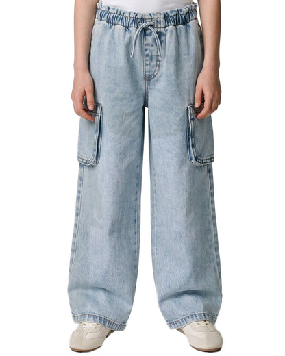 Light wash wide-leg denim cargo pants with an elastic drawstring waist, modeled on a person against a plain white background.