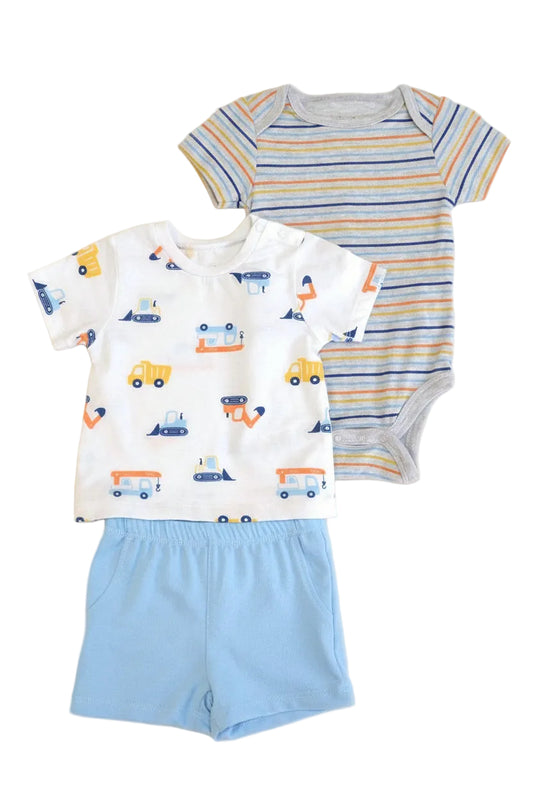 Children's clothing set with t-shirt, shorts, and bodysuit on a white background