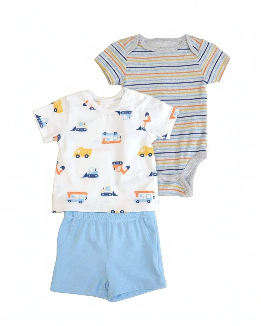 Children's clothing set with t-shirt, shorts, and bodysuit on a white background