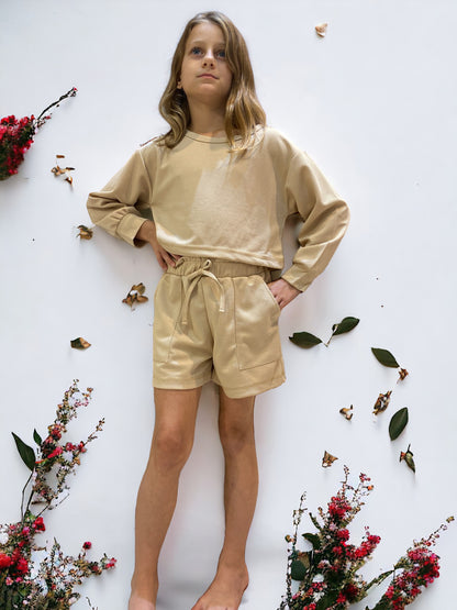 Tan Shorts & Sweatshirt - Calla Lily Cosmetics + CL kids