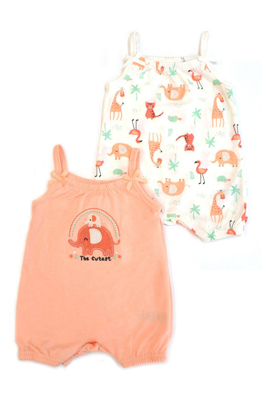 Baby romper with elephant design and matching hat with animal print on a white background