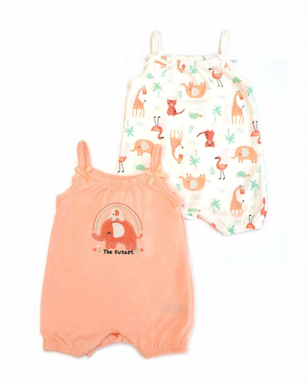 Baby romper with elephant design and matching hat with animal print on a white background