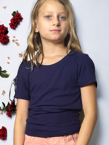 Tween Rib Knit Tee - Navy - Calla Lily Cosmetics + CL kids