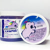 A jar of our purple unicorn yawns bubble bath slime against a white background