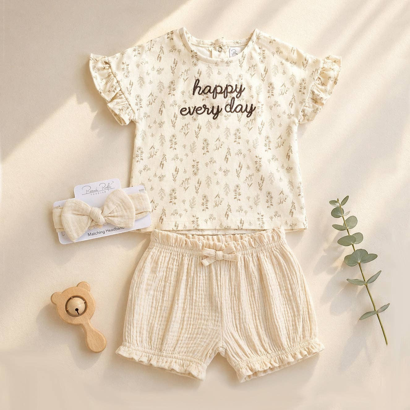 "Happy Everyday" Ruffle Short Sleeve Cotton T-Shirt Shorts Set