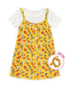 Yellow floral dress over a white shirt with a free chip offer on a white background