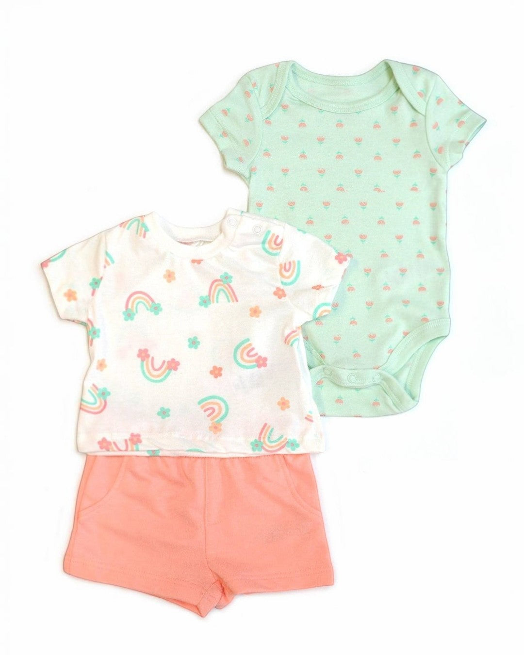 Baby outfit set with t-shirt, shorts, and onesie on a white background