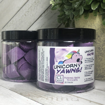 Two jars of our purple gumdrop shaped unicorn yawns bath bombs