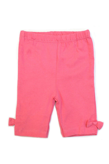 Pink baby leggings with bow details on a white background