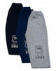 Three pairs of children's sweatpants, one navy and one gray, with a 'Cute Lil Monster' design.