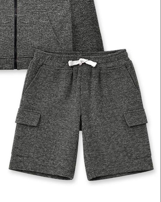 A two-piece kids' loungewear set in dark heather gray, featuring a zip-up hooded sweatshirt with a gray fleece lining and matching cargo shorts with a white drawstring.