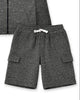 A two-piece kids' loungewear set in dark heather gray, featuring a zip-up hooded sweatshirt with a gray fleece lining and matching cargo shorts with a white drawstring.