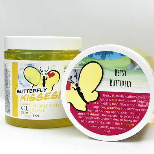 A jar of our yellow butterfly kisses bubble bath slime against a white background