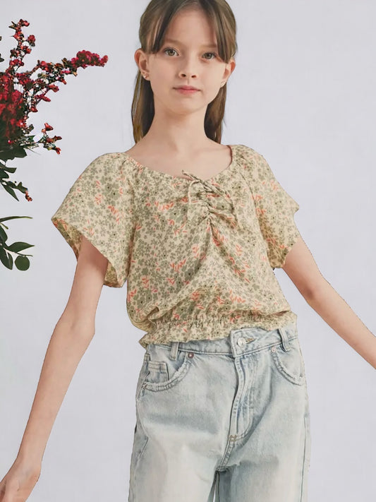 Short Sleeve Cinched Floral Top - Tween - Calla Lily Cosmetics + CL kids