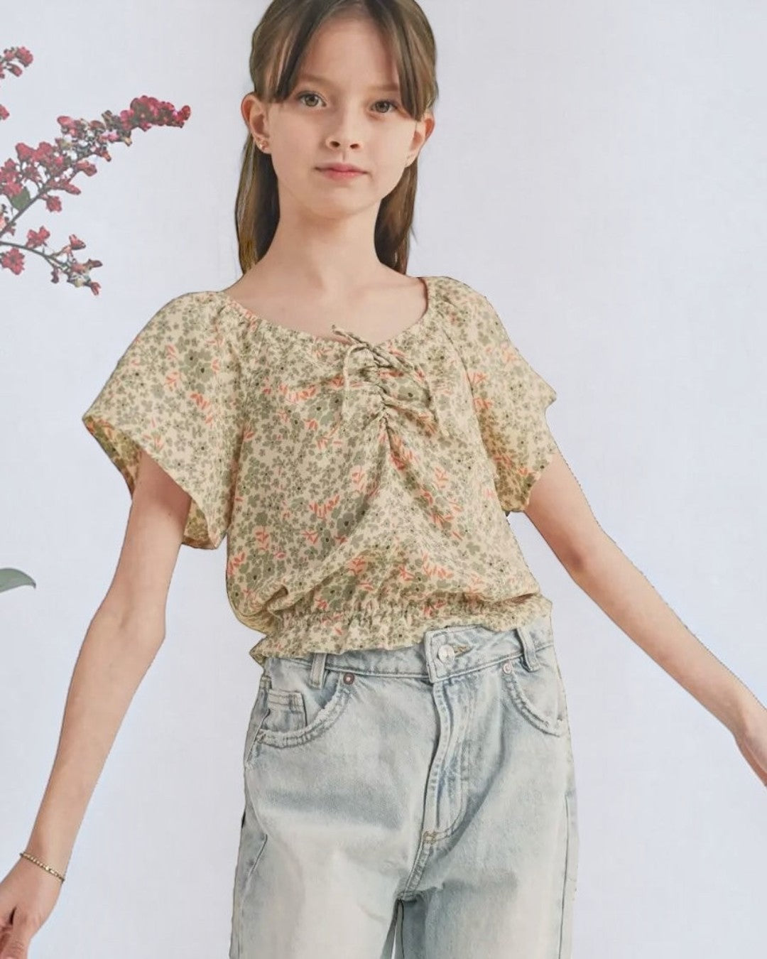 Short Sleeve Cinched Floral Top - Tween - Calla Lily Cosmetics + CL kids