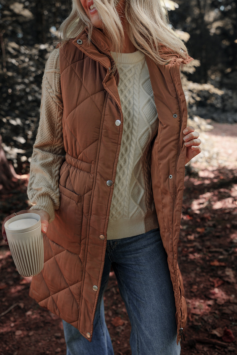 Coffee Longline Quilted Puffer Vest